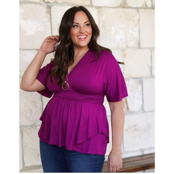Kiyonna Top Promenade Style Magenta Purple Flutter Sleeves 1X Empire Waistline - Picture 9 of 11